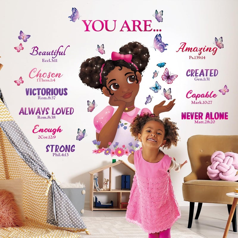 Decowall ملصقات جدارية سحر الفتيات السود SG2-2315 للفتيات غرفة النوم فراشة فن غرفة الأطفال زينة للأطفال الرضع فراشات حضانة الأطفال ورق حائط أفريقي وردي - Image 2
